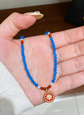 新中式复古时尚精致滴油珐琅花朵吊坠串珠项链轻奢高级感锁骨链女