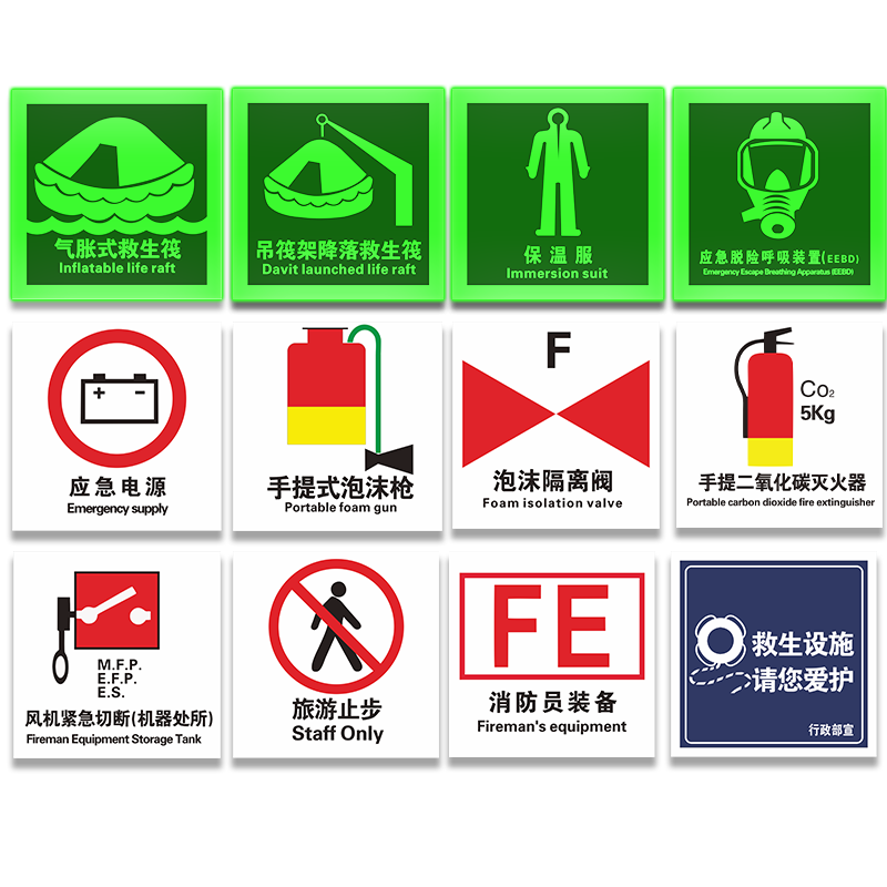 船用IMO夜光标识自发光新版船舶脱险通道逃生口救生衣救生圈荧光标志应急消防泵防火控制图手动报警按钮标贴