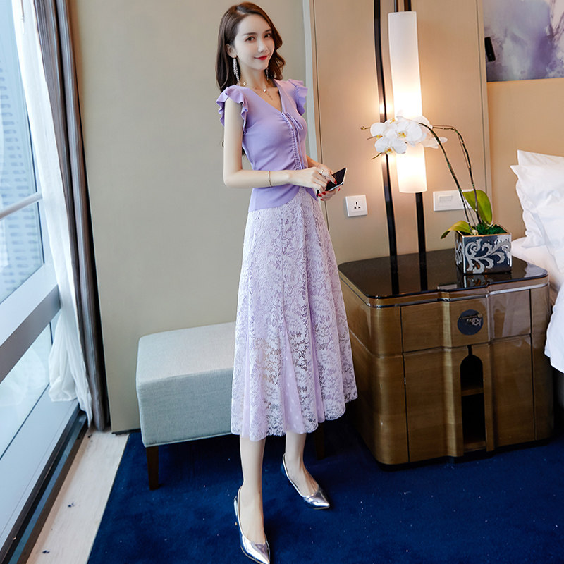 紫色蕾丝连衣裙2020新款女针织裙子 百诗哲连衣裙