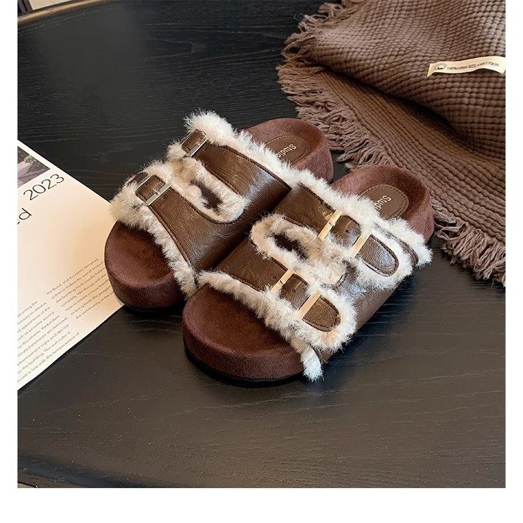 葡萄妈同款 双扣一字带厚底懒人露趾毛毛勃肯真皮拖鞋女秋冬外穿,淘宝优惠券,粉丝福利购,淘宝优惠卷