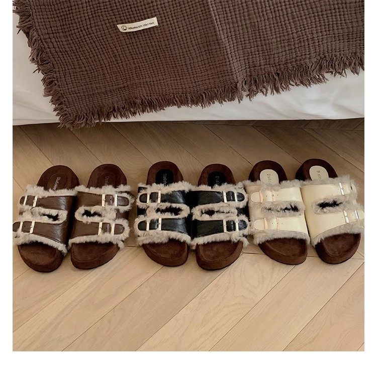 葡萄妈同款 双扣一字带厚底懒人露趾毛毛勃肯真皮拖鞋女秋冬外穿,淘宝优惠券,粉丝福利购,淘宝优惠卷