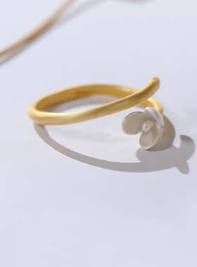 文艺风纯银镀金开口森系戒指