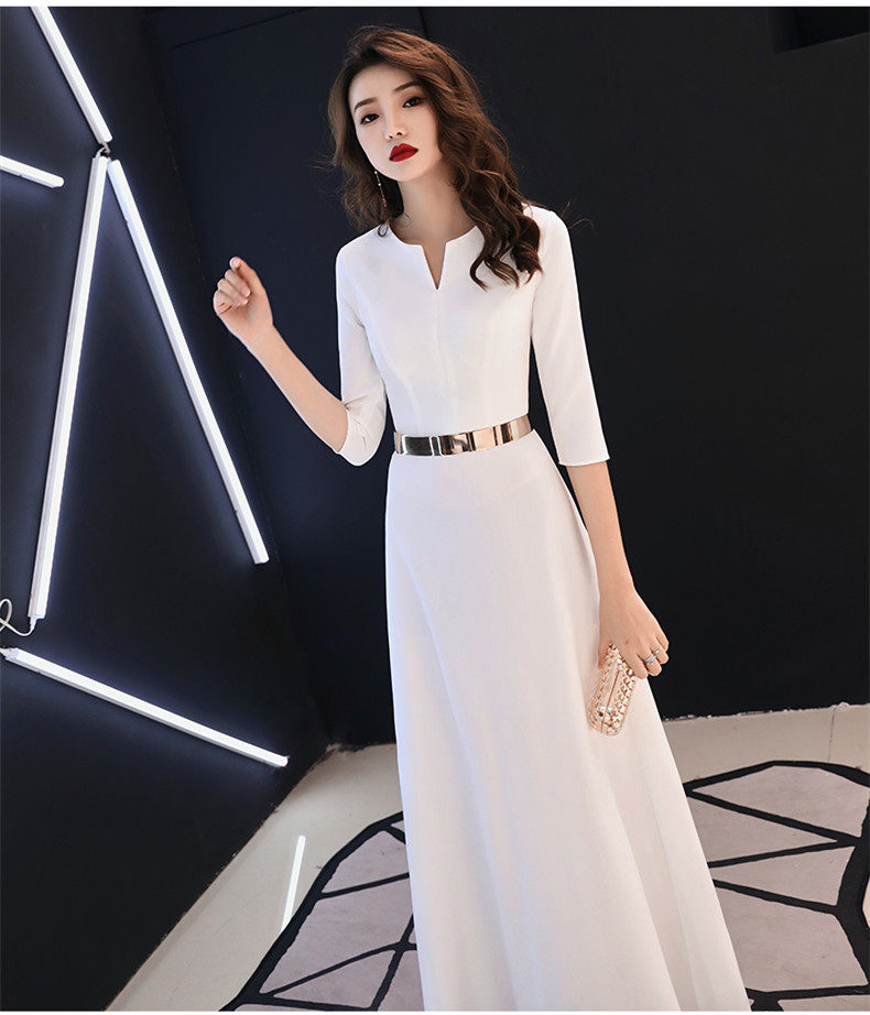白色晚礼服2024新款女长裙长袖演出服姐妹裙聚会修身主持礼仪年会