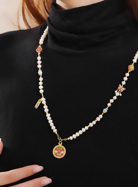 原创新中式淡水珍珠长款项链女珐琅925银国潮风高级复古毛衣项链