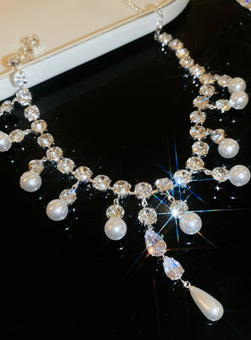 闪钻气质水滴锆石镶钻珍珠项链法式轻奢风百搭锁骨链礼服时尚项饰