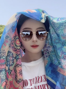 复古文艺大方巾丝巾女夏季旅游拍照防晒头巾时尚披肩遮阳围巾蓝色