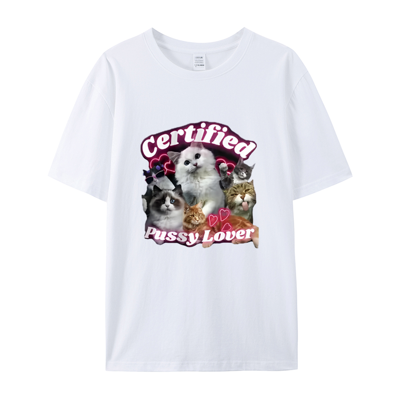 CERTIFIED PUSSY LOVER 男款设计感宽松短袖夏季纯棉印花T恤 - 图0
