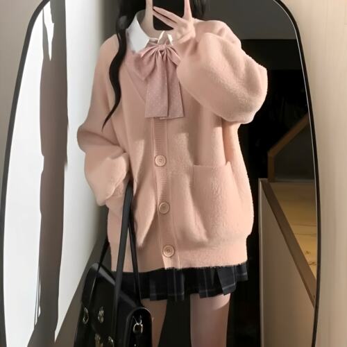 秋冬jk制服毛茸茸开衫毛衣女日系学院慵懒风小个子宽松毛绒绒外套 - 图3