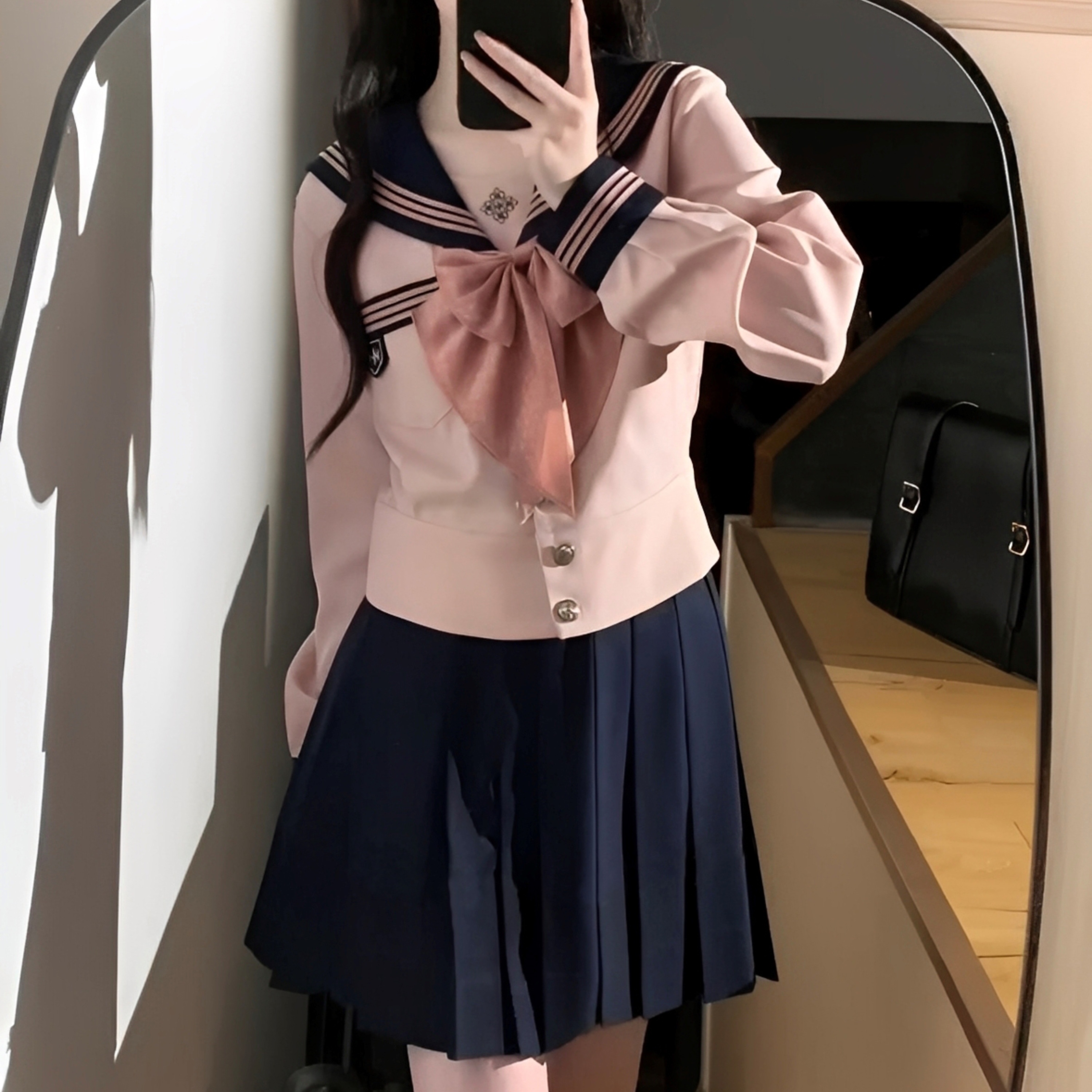 JK制服套装原创正版萌系粉色水手服日系学院风收腰长袖百褶裙女秋 - 图3