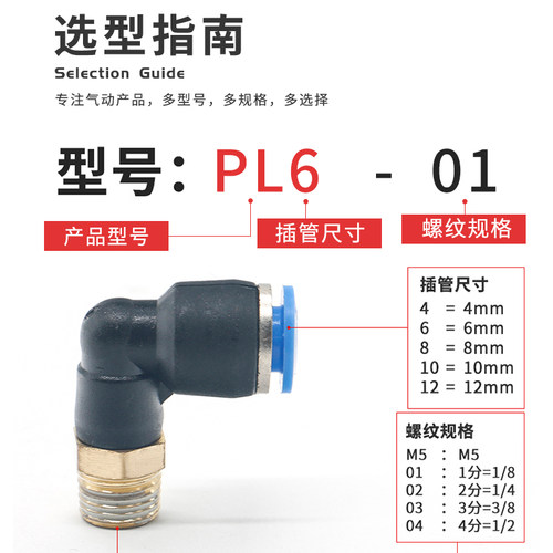 气动气管快速接头 外螺纹弯头PL4-M5 6-01 8-02 10-03 12-04 16 - 图0
