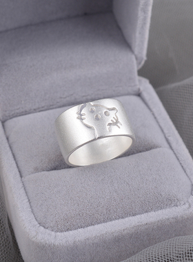 925纯银哑光猫咪戒指女冷淡风小众高级指环可爱搞怪食指戒ins刻字
