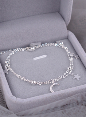 925纯银双层星月手链女生ins轻奢小众女士首饰品女朋友礼物潮刻字