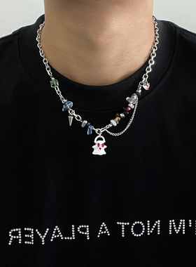 白色幽灵串珠项链男款嘻哈冷淡风锁骨链高级感小众设计毛衣链女生