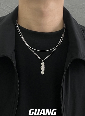 树叶吊坠双层项链钛钢嘻哈潮牌