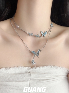 蓝色蝴蝶项链轻奢小众甜酷辣妹
