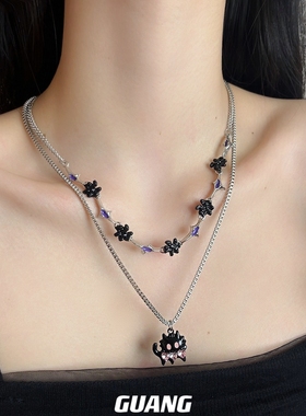 双层叠戴黑色粉钻小猫项链女款