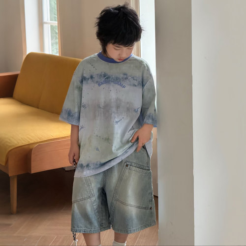布芮欧童装26夏季新款男童女童运动亲肤透气扎染短袖儿童T恤56231 - 图0