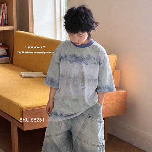 布芮欧童装26夏季新款男童女童运动亲肤透气扎染短袖儿童T恤56231 - 图3