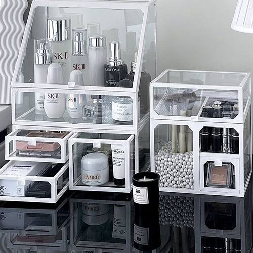 玻璃化妆品收纳盒轻奢高级感梳妆台护肤品香水口红置物架透明防尘 - 图0
