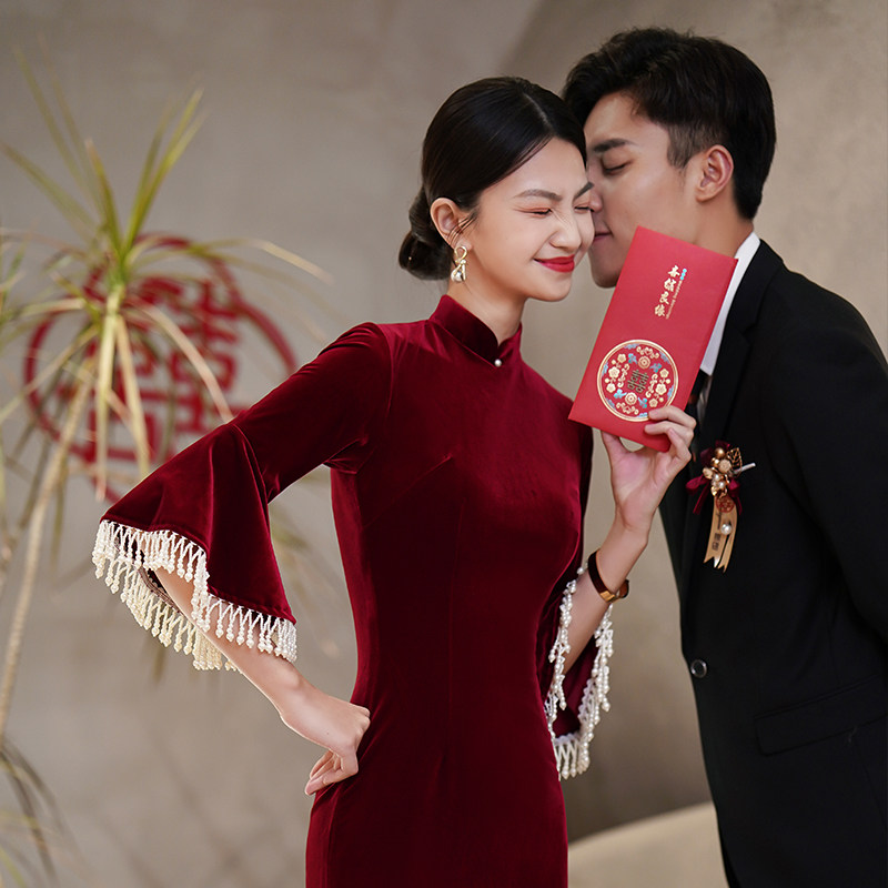 新娘结婚敬酒服旗袍2023新款秋夏酒红色礼服中式平时可穿鱼尾回门_虎窝淘