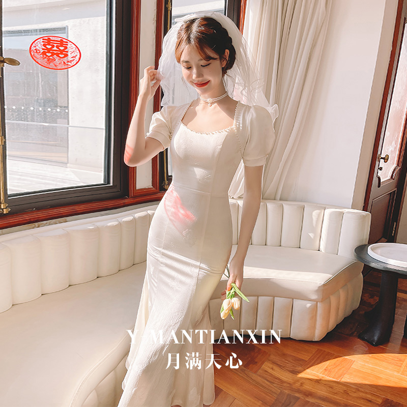 白色2023新款夏季高级感订婚婚纱 月满天心礼服/晚装