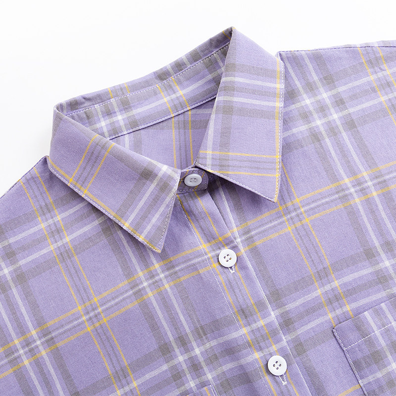 2020年夏新款紫色格子女短袖感衬衫 帕奴丝衬衫