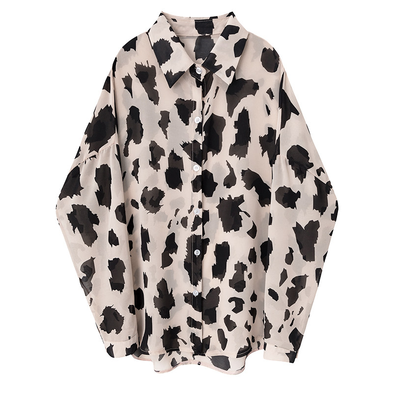 复古豹纹印花长袖雪纺港味早秋衬衫 帕奴丝衬衫