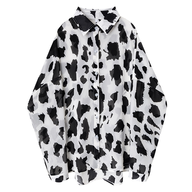 复古豹纹印花长袖雪纺港味早秋衬衫 帕奴丝衬衫