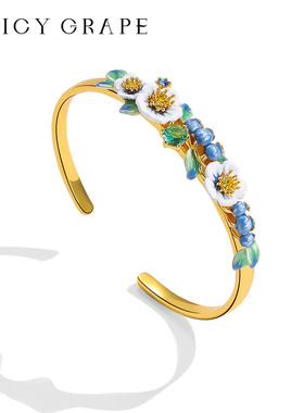 手工珐琅蓝莓果花朵镀18K金手镯