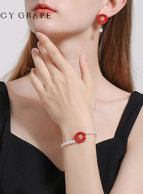 复古红色花朵珐琅天然珍珠手链