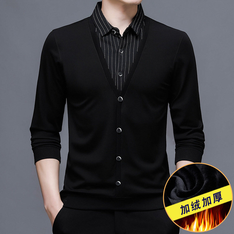 秋冬季加绒假两件男衬衫领t恤中年 恩郎T恤