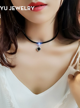 高品质微镶黑色四叶草choker项链