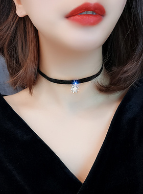 很闪很闪 冰凌花人工水晶项链女短款锁骨链皮绳颈带简约百搭气质