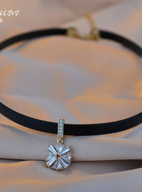 高档微镶闪亮锆钻项链仿皮绳黑色