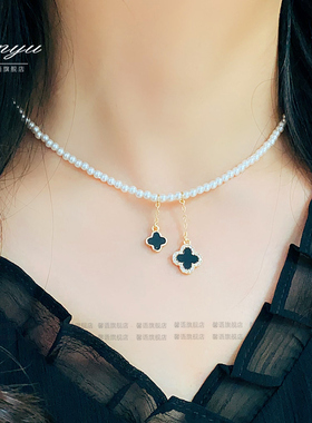 精致流苏黑色四叶草珍珠项链