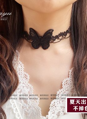 独特小众设计黑色蕾丝蝴蝶颈链