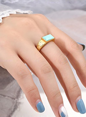 925银琥珀戒指空托镶嵌绿松石