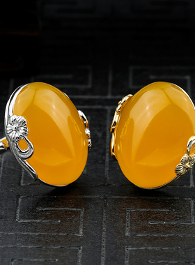 925银椭圆形琥珀绿松石戒指空托