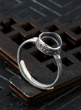 纯银复古戒指空托琥珀蜜蜡8开口