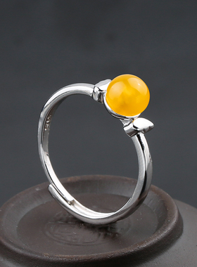 蜜蜡纯银黄金色碧玺珠子戒指空托