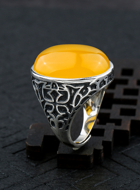 活口复古镶嵌琥珀纯银戒托