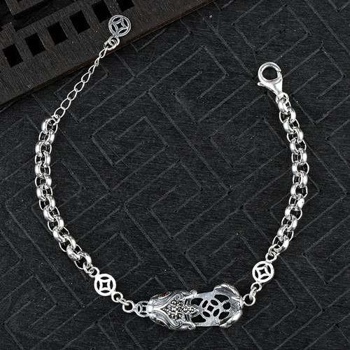 S925银金钱貔貅手链空托 o字链手链镶嵌蜜蜡琥珀男女手链托8*13mm - 图2