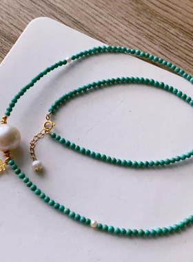 天然绿松石3mm锁骨链珍珠锁骨链绿松项链配饰淡水珍珠顶珠时尚