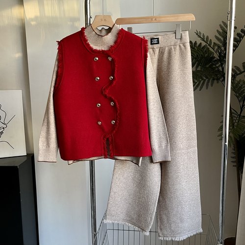 妈妈装新中式毛边马甲针织套装秋款气质小香风外穿马夹时尚三件套 - 图1