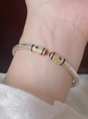 新款足银999新中式唐草纹心经描金鸿运如意纯银手镯子实心送女友