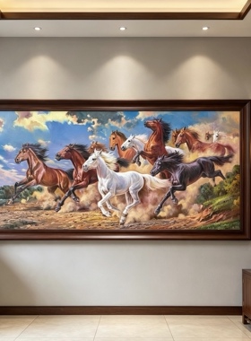 手绘油画客厅装饰画沙发背景墙 挂画壁画八骏马图 办公室画