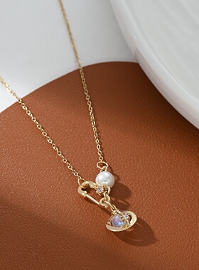 2026真金电镀复古法式珍珠项链女设计感几何别针星球锁骨链网红风