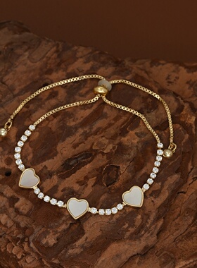 2026真金电镀微镶锆石气质手饰品女小众设计感爱心可调节抽拉手链