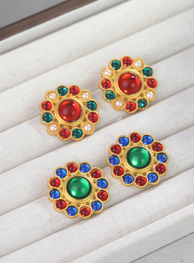 中古vintage耳饰 小众轻奢复古气质彩色宝石珍珠圆形吊坠项链耳环