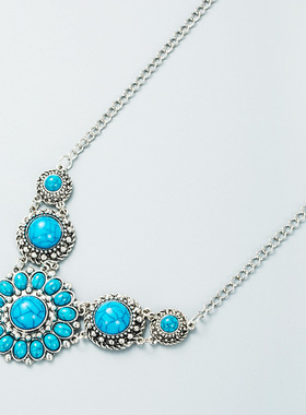 欧美热卖 波西米亚复古太阳花奢华款蓝色松石项链复古民族风项链